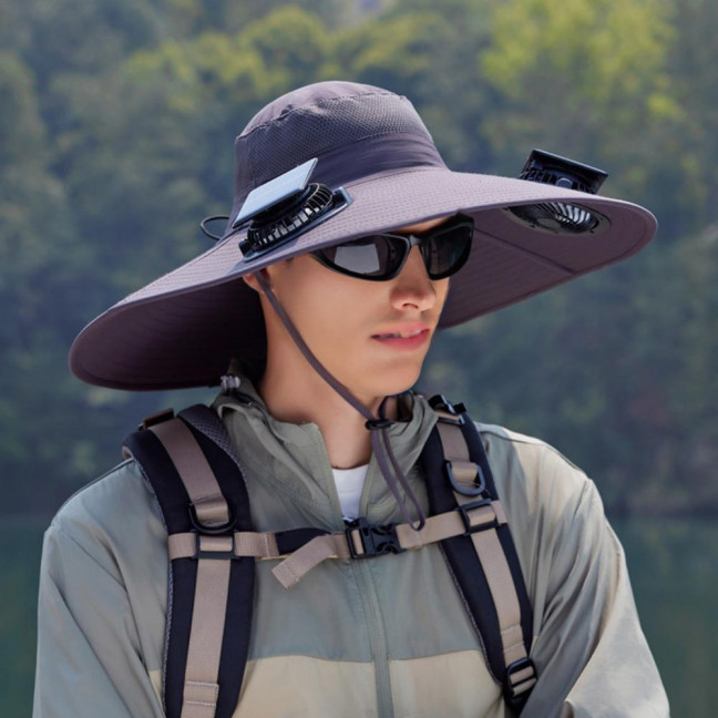 Fan Hat Wide-Brimmed Outdoor Hat with Dual-Power Solar Fan Design 3 Gear Adjustable Speed Hiking Cycling Fishing Hat