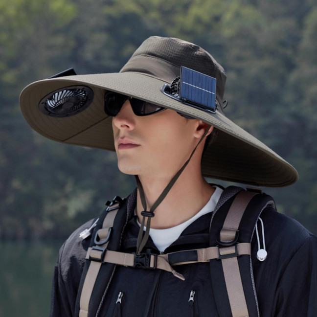 Fan Hat Wide-Brimmed Outdoor Hat with Dual-Power Solar Fan Design 3 Gear Adjustable Speed Hiking Cycling Fishing Hat