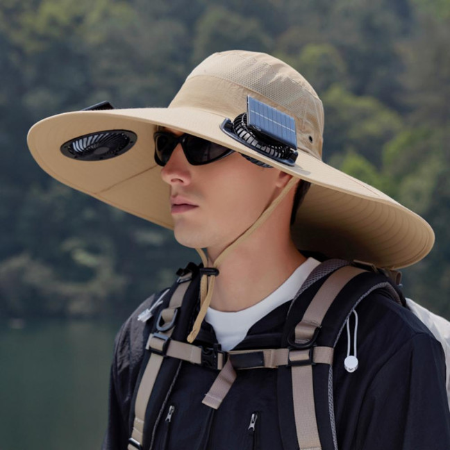 Fan Hat Wide-Brimmed Outdoor Hat with Dual-Power Solar Fan Design 3 Gear Adjustable Speed Hiking Cycling Fishing Hat
