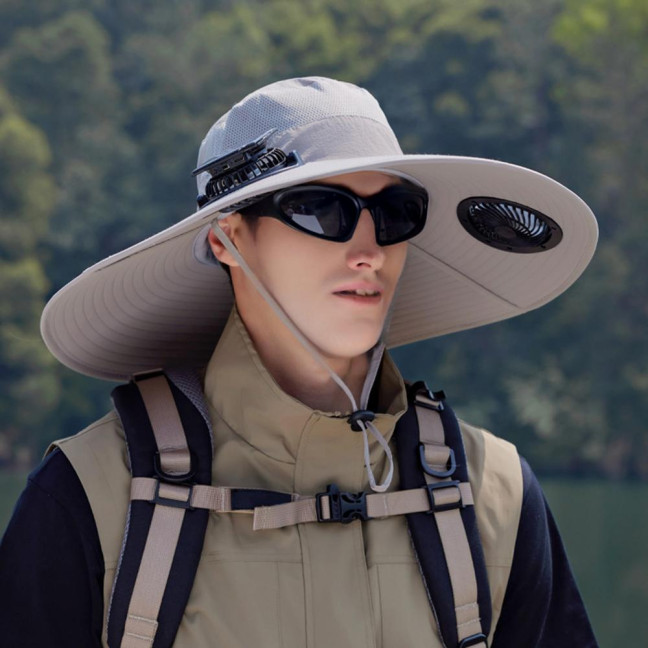 Fan Hat Wide-Brimmed Outdoor Hat with Dual-Power Solar Fan Design 3 Gear Adjustable Speed Hiking Cycling Fishing Hat