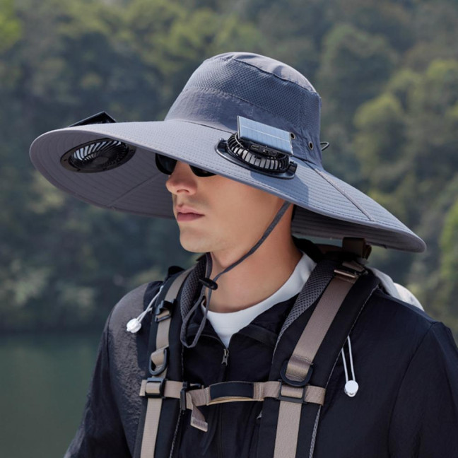 Fan Hat Wide-Brimmed Outdoor Hat with Dual-Power Solar Fan Design 3 Gear Adjustable Speed Hiking Cycling Fishing Hat