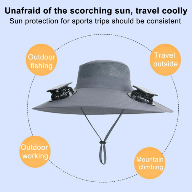 Fan Hat Wide-Brimmed Outdoor Hat with Dual-Power Solar Fan Design 3 Gear Adjustable Speed Hiking Cycling Fishing Hat