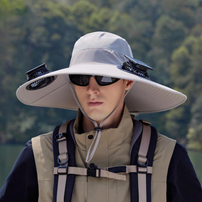 Fan Hat Wide-Brimmed Outdoor Hat with Dual-Power Solar Fan Design 3 Gear Adjustable Speed Hiking Cycling Fishing Hat