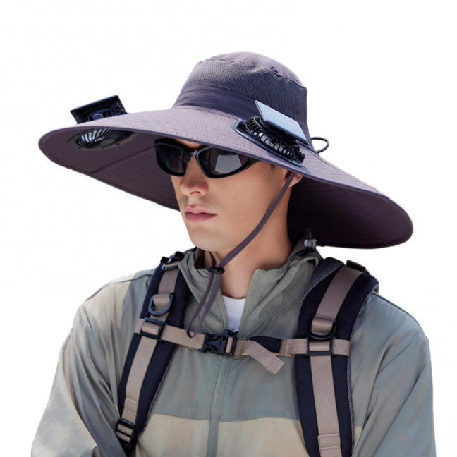 Fan Hat Wide-Brimmed Outdoor Hat with Dual-Power Solar Fan Design 3 Gear Adjustable Speed Hiking Cycling Fishing Hat
