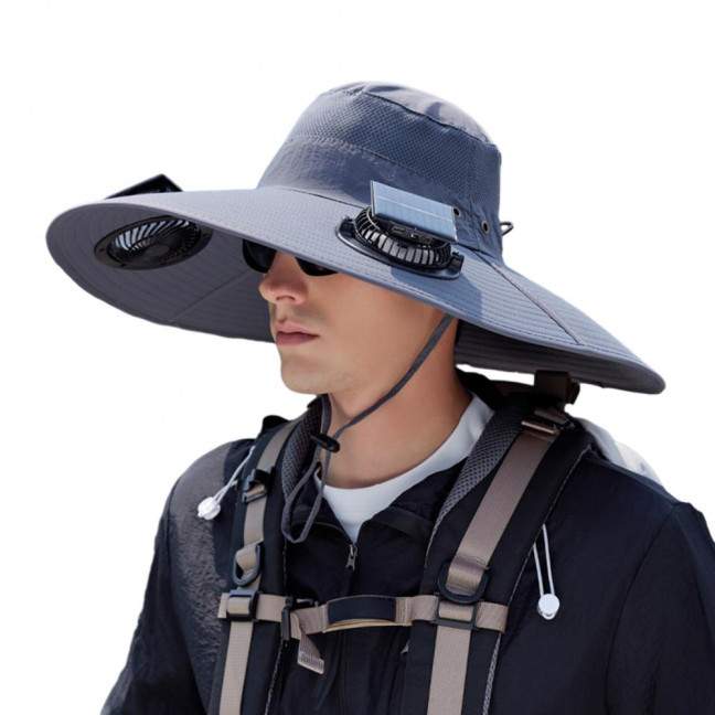 Fan Hat Wide-Brimmed Outdoor Hat with Dual-Power Solar Fan Design 3 Gear Adjustable Speed Hiking Cycling Fishing Hat