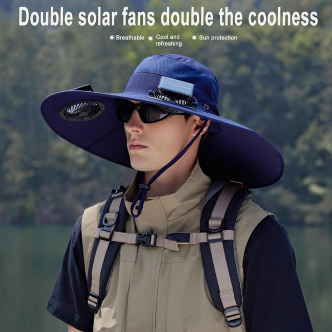 Fan Hat Wide-Brimmed Outdoor Hat with Dual-Power Solar Fan Design 3 Gear Adjustable Speed Hiking Cycling Fishing Hat