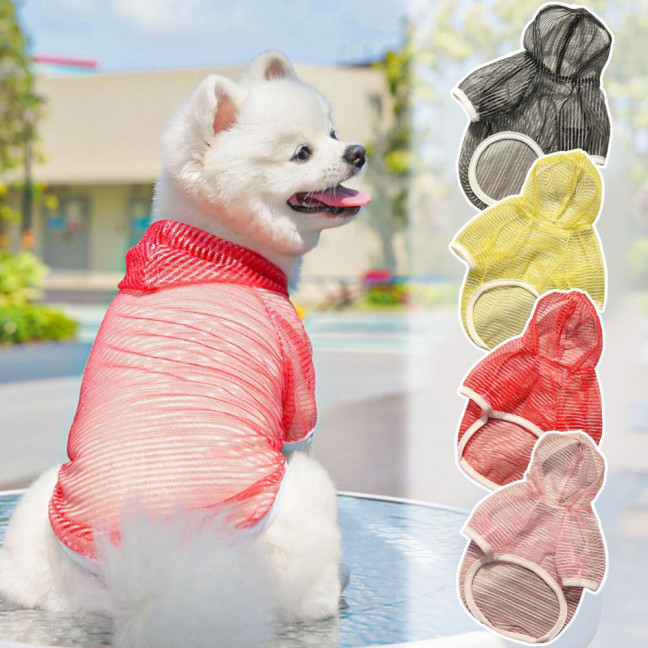 Pet Clothes Lightweight Mesh Fabric Hooded Short Sleeve Breathable Sun Protection Clothes Easy Wash Quick Drying Pet Vest