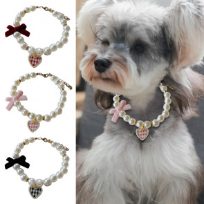 Pet Collar Faux Pearl Dog Collar with Heart Bowknot Charm Adjustable Straps Imitation Crystal Pet Collar Jewelry Accessories