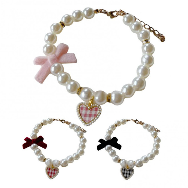 Pet Collar Faux Pearl Dog Collar with Heart Bowknot Charm Adjustable Straps Imitation Crystal Pet Collar Jewelry Accessories