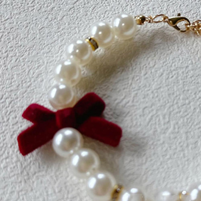 Pet Collar Faux Pearl Dog Collar with Heart Bowknot Charm Adjustable Straps Imitation Crystal Pet Collar Jewelry Accessories