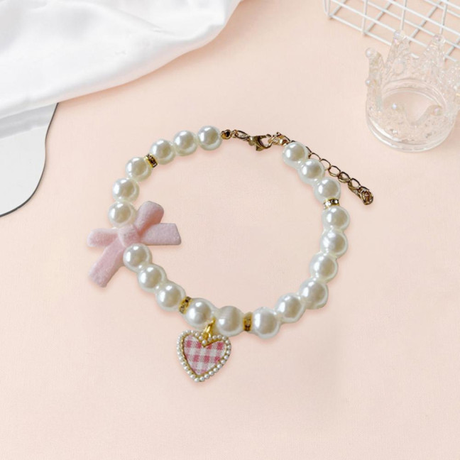 Pet Collar Faux Pearl Dog Collar with Heart Bowknot Charm Adjustable Straps Imitation Crystal Pet Collar Jewelry Accessories