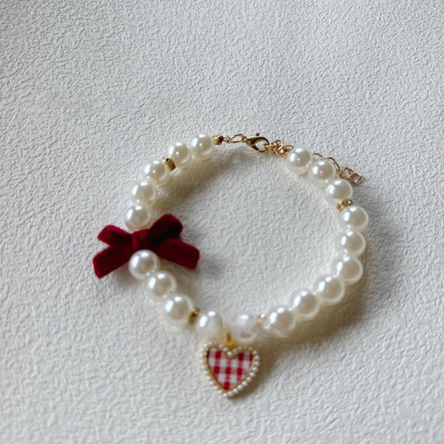 Pet Collar Faux Pearl Dog Collar with Heart Bowknot Charm Adjustable Straps Imitation Crystal Pet Collar Jewelry Accessories