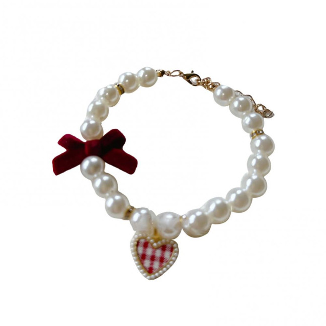 Pet Collar Faux Pearl Dog Collar with Heart Bowknot Charm Adjustable Straps Imitation Crystal Pet Collar Jewelry Accessories