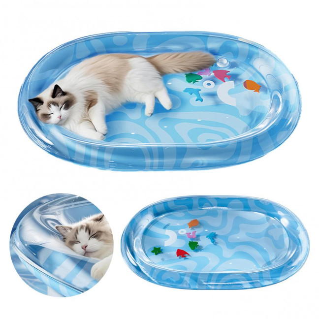 Pet Water Bed Water-Filled Cat Cooling Pad Sensory Pet Cooling Bed with Floating Fish Interactive Play Mat for Summer Indoor Dogs Cats