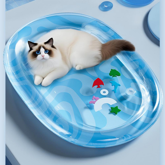 Pet Water Bed Water-Filled Cat Cooling Pad Sensory Pet Cooling Bed with Floating Fish Interactive Play Mat for Summer Indoor Dogs Cats