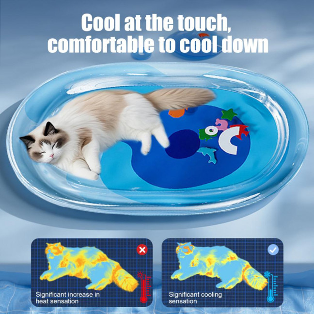 Pet Water Bed Water-Filled Cat Cooling Pad Sensory Pet Cooling Bed with Floating Fish Interactive Play Mat for Summer Indoor Dogs Cats