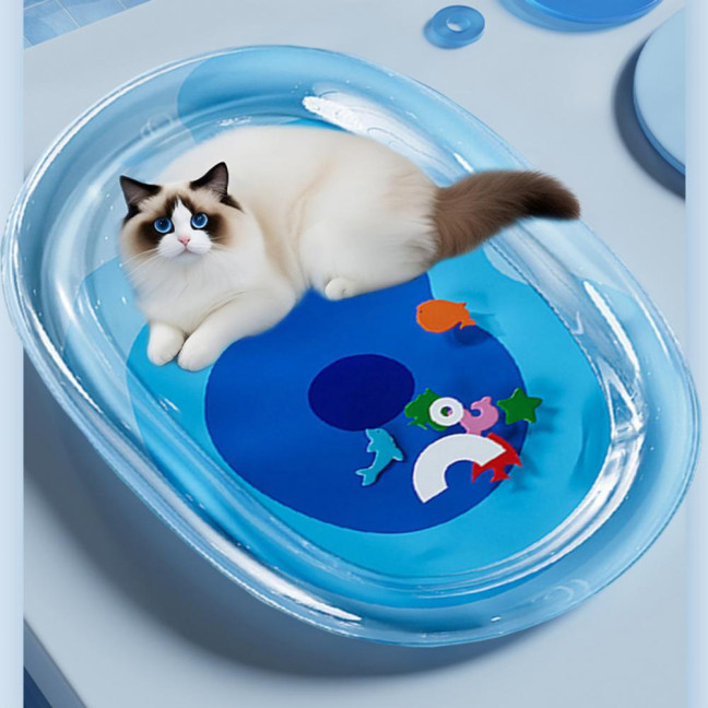 Pet Water Bed Water-Filled Cat Cooling Pad Sensory Pet Cooling Bed with Floating Fish Interactive Play Mat for Summer Indoor Dogs Cats