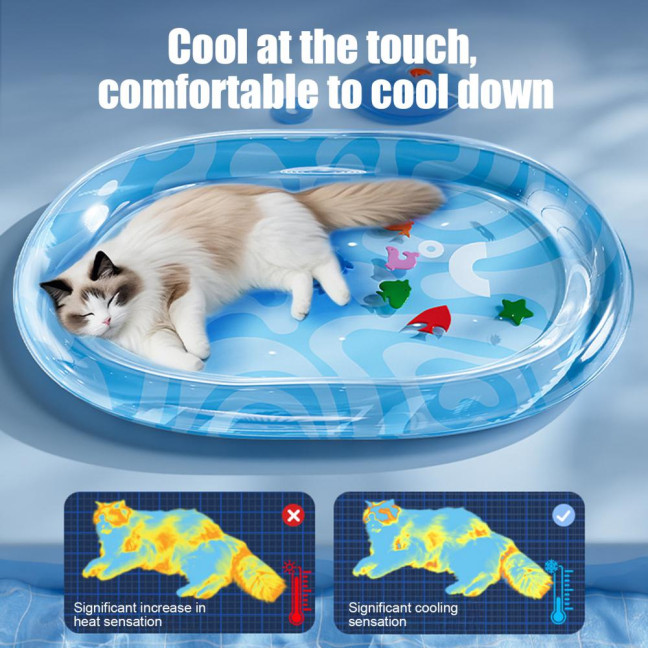 Pet Water Bed Water-Filled Cat Cooling Pad Sensory Pet Cooling Bed with Floating Fish Interactive Play Mat for Summer Indoor Dogs Cats