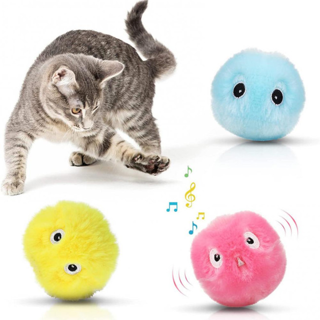 Chirping Ball Cat Toy Fluffy Plush Balls with Sound Interactive Pom Pom Balls Kitten Kicker Toy with Catnip for Indoor Cats