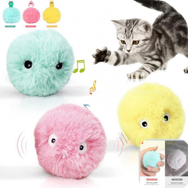 Chirping Ball Cat Toy Fluffy Plush Balls with Sound Interactive Pom Pom Balls Kitten Kicker Toy with Catnip for Indoor Cats