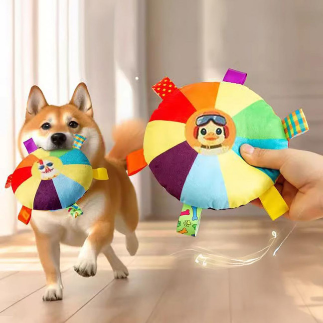 Flying Disc Soft Dog Toy Rainbow Plush Flying Saucer Pet Toss Toy with Bell Interactive Outdoor Training Puppy Chew Toy for Small Medium Large Dogs