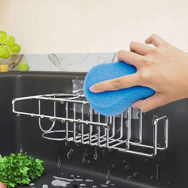 Sponge Holder Kitchen Sink Caddy Strong Load-bearing Hollow Design Easy to Install Self Draining Sink Caddy Organizer Rack