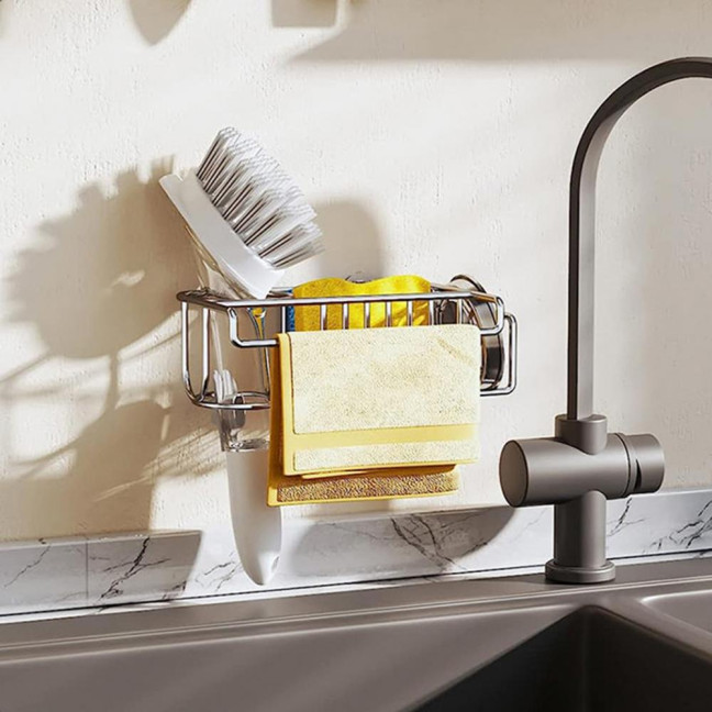 Sponge Holder Kitchen Sink Caddy Strong Load-bearing Hollow Design Easy to Install Self Draining Sink Caddy Organizer Rack