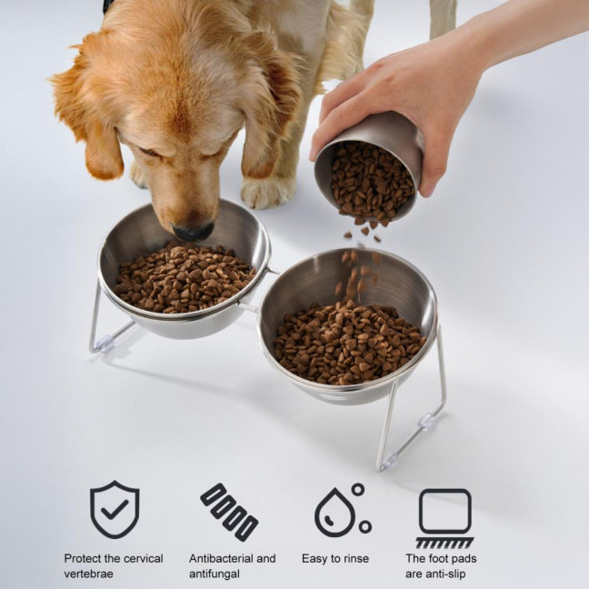 Stainless Steel Elevated Cat Bowl Tilted Raised Cat Bowl with Metal Stand Pet Feeding Dish to Prevent Fatigue for Indoor Cat And Dog