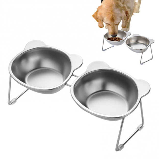 Stainless Steel Elevated Cat Bowl Tilted Raised Cat Bowl with Metal Stand Pet Feeding Dish to Prevent Fatigue for Indoor Cat And Dog