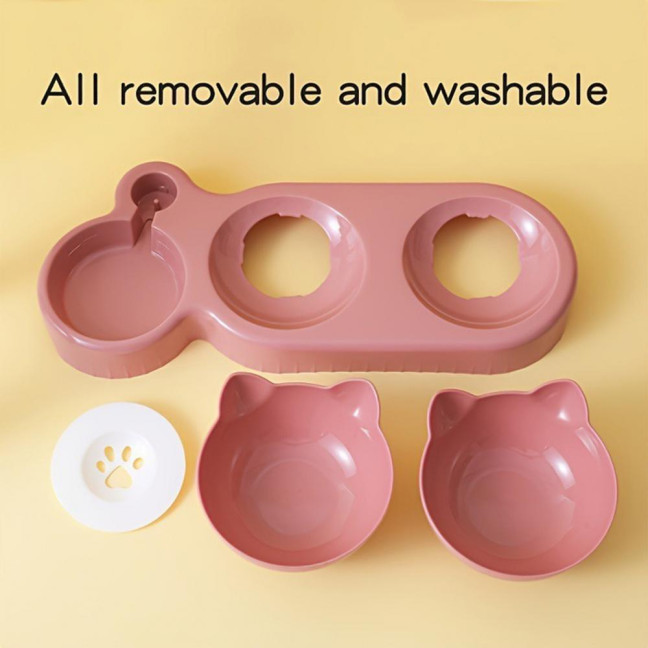 Double Pet Food Bowl And Water Bottle Set 3-in-1 Detachable Tilted Cat Dog Feeder Bowl with Automatic Water Dispenser for Small Medium Dogs Cats