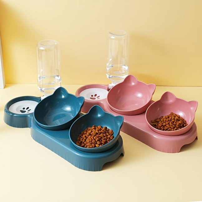 Double Pet Food Bowl And Water Bottle Set 3-in-1 Detachable Tilted Cat Dog Feeder Bowl with Automatic Water Dispenser for Small Medium Dogs Cats