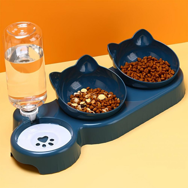 Double Pet Food Bowl And Water Bottle Set 3-in-1 Detachable Tilted Cat Dog Feeder Bowl with Automatic Water Dispenser for Small Medium Dogs Cats