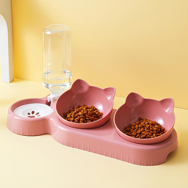 Double Pet Food Bowl And Water Bottle Set 3-in-1 Detachable Tilted Cat Dog Feeder Bowl with Automatic Water Dispenser for Small Medium Dogs Cats