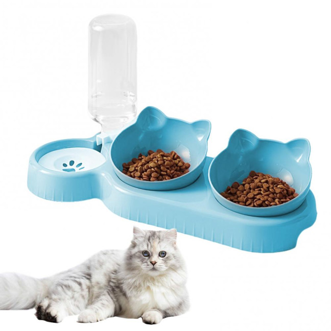 Double Pet Food Bowl And Water Bottle Set 3-in-1 Detachable Tilted Cat Dog Feeder Bowl with Automatic Water Dispenser for Small Medium Dogs Cats