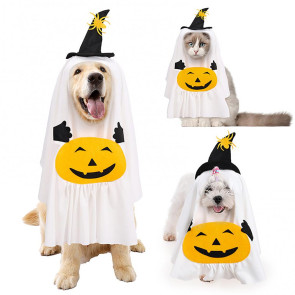 Halloween Ghost Dog Outfit Pumpkin White Ghost Costume Pet Cosplay Attire with Witch Hat for Trick or Treat Costume Party Photoshoot 