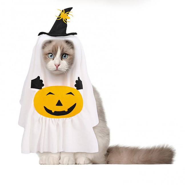 Halloween Ghost Dog Outfit Pumpkin White Ghost Costume Pet Cosplay Attire with Witch Hat for Trick or Treat Costume Party Photoshoot 