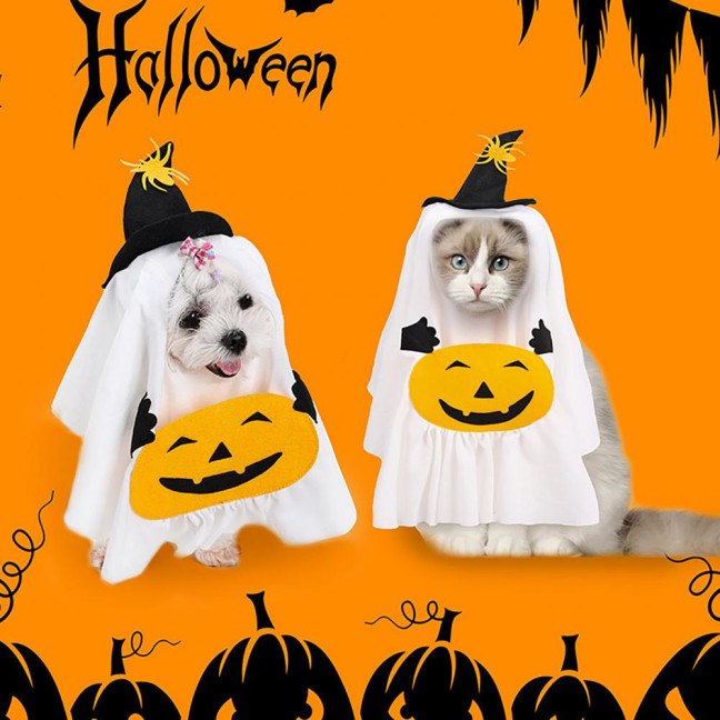 Halloween Ghost Dog Outfit Pumpkin White Ghost Costume Pet Cosplay Attire with Witch Hat for Trick or Treat Costume Party Photoshoot 