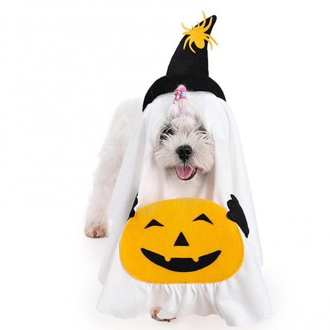 Halloween Ghost Dog Outfit Pumpkin White Ghost Costume Pet Cosplay Attire with Witch Hat for Trick or Treat Costume Party Photoshoot 