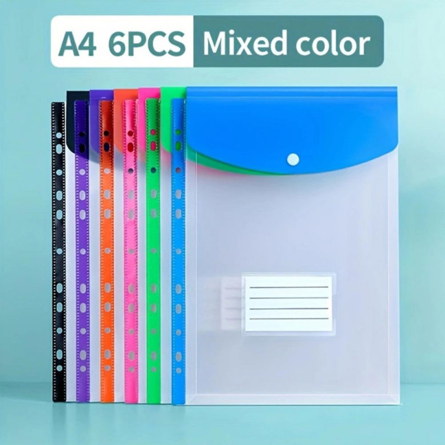 6 Pcs A4 Plastic Binder Pockets for 11 Ring Binder Letter Size Document Organizer Loose Leaf File Folder Pouch with Snap Button And Label Pocket