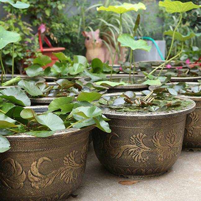 Large Flower Pot Thickened Plant Pot with Drainage Hole Retro Resin Lotus Planter for Indoor Outdoor Plants Home Gardening