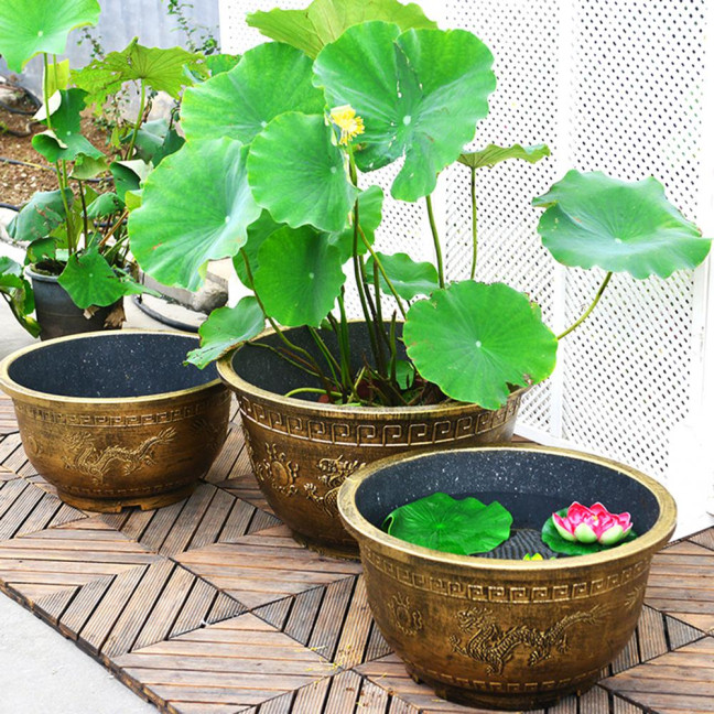 Large Flower Pot Thickened Plant Pot with Drainage Hole Retro Resin Lotus Planter for Indoor Outdoor Plants Home Gardening