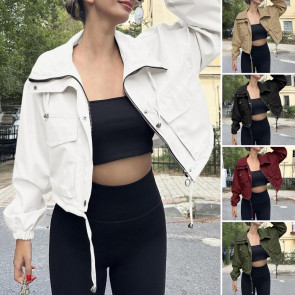 Women Cropped Utility Jacket Zip Up Oversized Anorak Coat with Pockets Autumn Drawstring Short Outerwear