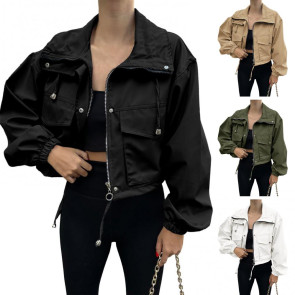 Women Cropped Utility Jacket Zip Up Oversized Anorak Coat with Pockets Autumn Drawstring Short Outerwear