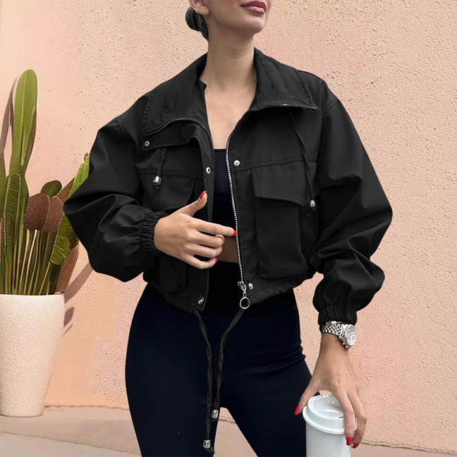 Women Cropped Utility Jacket Zip Up Oversized Anorak Coat with Pockets Autumn Drawstring Short Outerwear Women Cropped Utility Jacket Zip Up Oversized Anorak Coat with Pockets Autumn Drawstring Short Outerwear