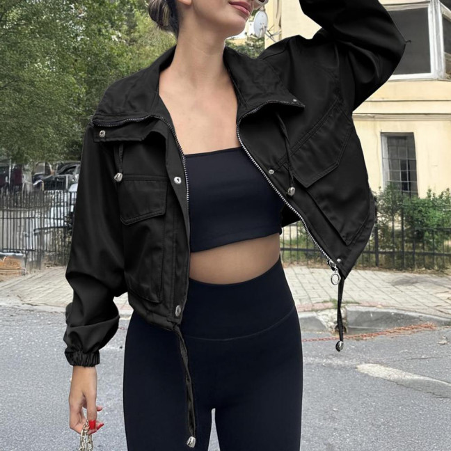 Women Cropped Utility Jacket Zip Up Oversized Anorak Coat with Pockets Autumn Drawstring Short Outerwear Women Cropped Utility Jacket Zip Up Oversized Anorak Coat with Pockets Autumn Drawstring Short Outerwear