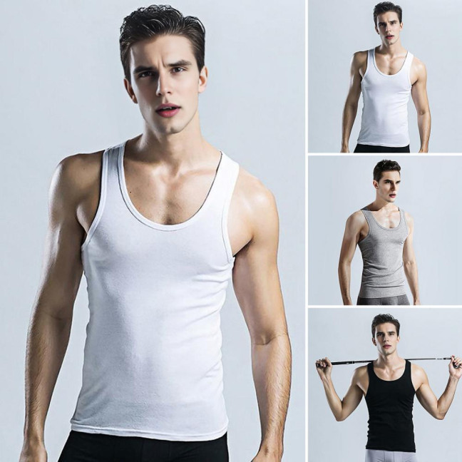2Pcs Men Vest Round Neck Sleeveless Solid Color Muscle Tank Tops Gym Bodybuilding Running Sportwear Summer Clothing