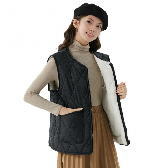 Women's Quilted Vest Casual Sleeveless Coat Fleece Lined Zip Up Jacket Autumn Winter Warm Outerwear with Pockets
