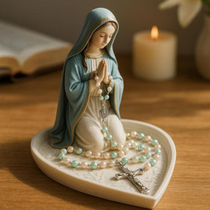 Virgin Mary Rosary Holder Resin Mary or Jesus Figurine Jewelry Dish Our Lady Prayer Rosary Dish Religious Gift Catholic Decor for Home Bedroom Personal Devotional
