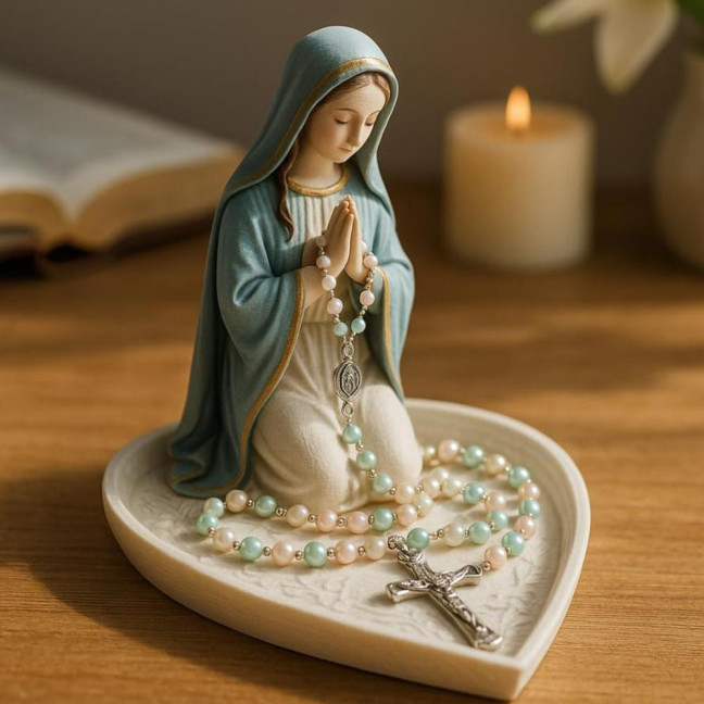 Virgin Mary Rosary Holder Resin Mary or Jesus Figurine Jewelry Dish Our Lady Prayer Rosary Dish Religious Gift Catholic Decor for Home Bedroom Personal Devotional