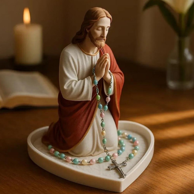 Virgin Mary Rosary Holder Resin Mary or Jesus Figurine Jewelry Dish Our Lady Prayer Rosary Dish Religious Gift Catholic Decor for Home Bedroom Personal Devotional